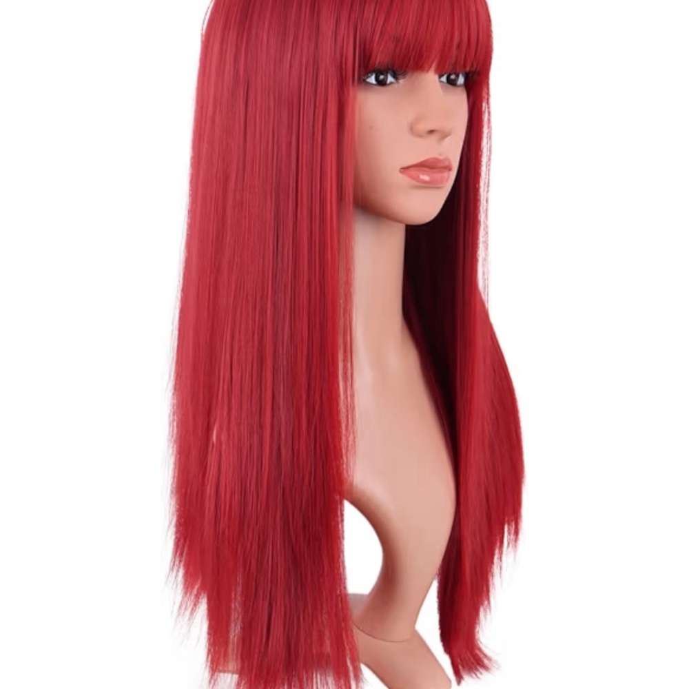 Red Straight Long Wig with Bangs - Women Hair